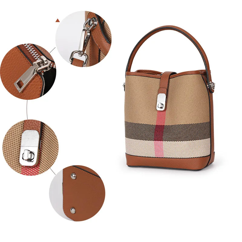 New canvas paired with cowhide women's shoulder crossbody bag, fashionable plaid pattern bucket bag