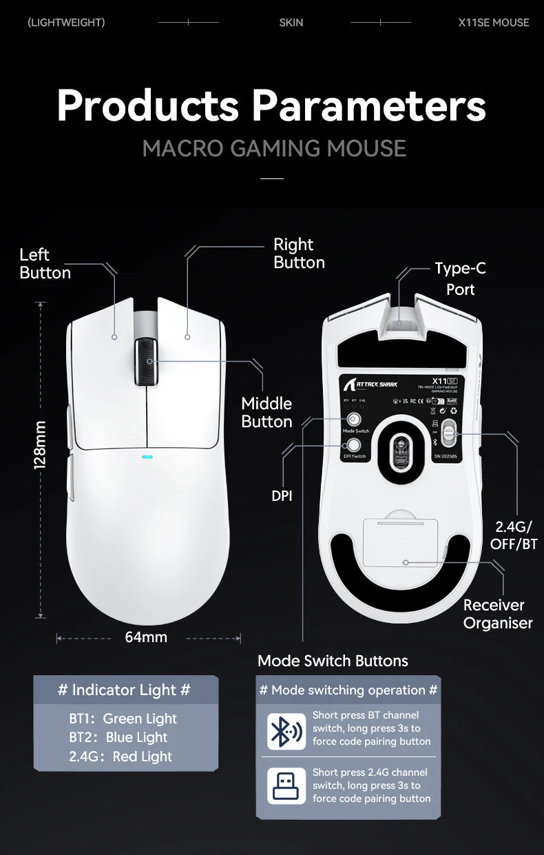 X11 ATTACK SHARK X11SE Bluetooth Gaming Mouse PAW3311 Sensor 22000DPI Macro Drivers and 1000 Hz Polling Rate for Wireless Mouse