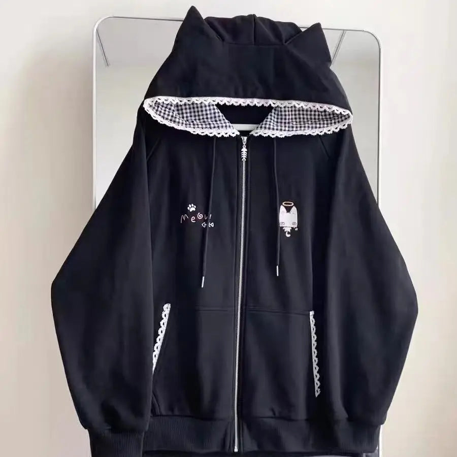 Women's Cute Cat Print Relaxed Zip-Up Hoodie