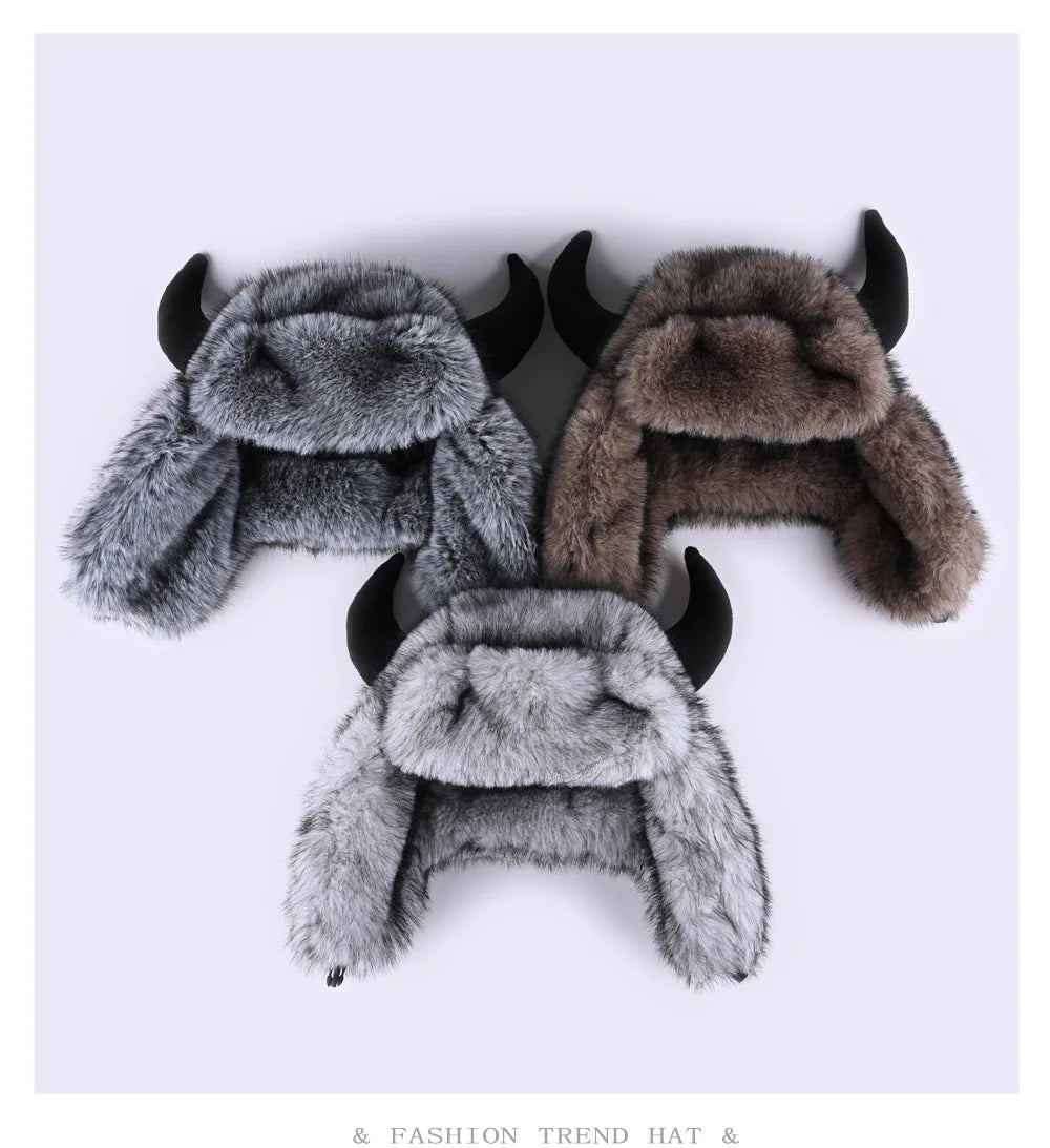Ox horn pilot hat faux fur Bomber hat women ski cap winter hat thickened warm ear protection hat versatile bull head hat 털모