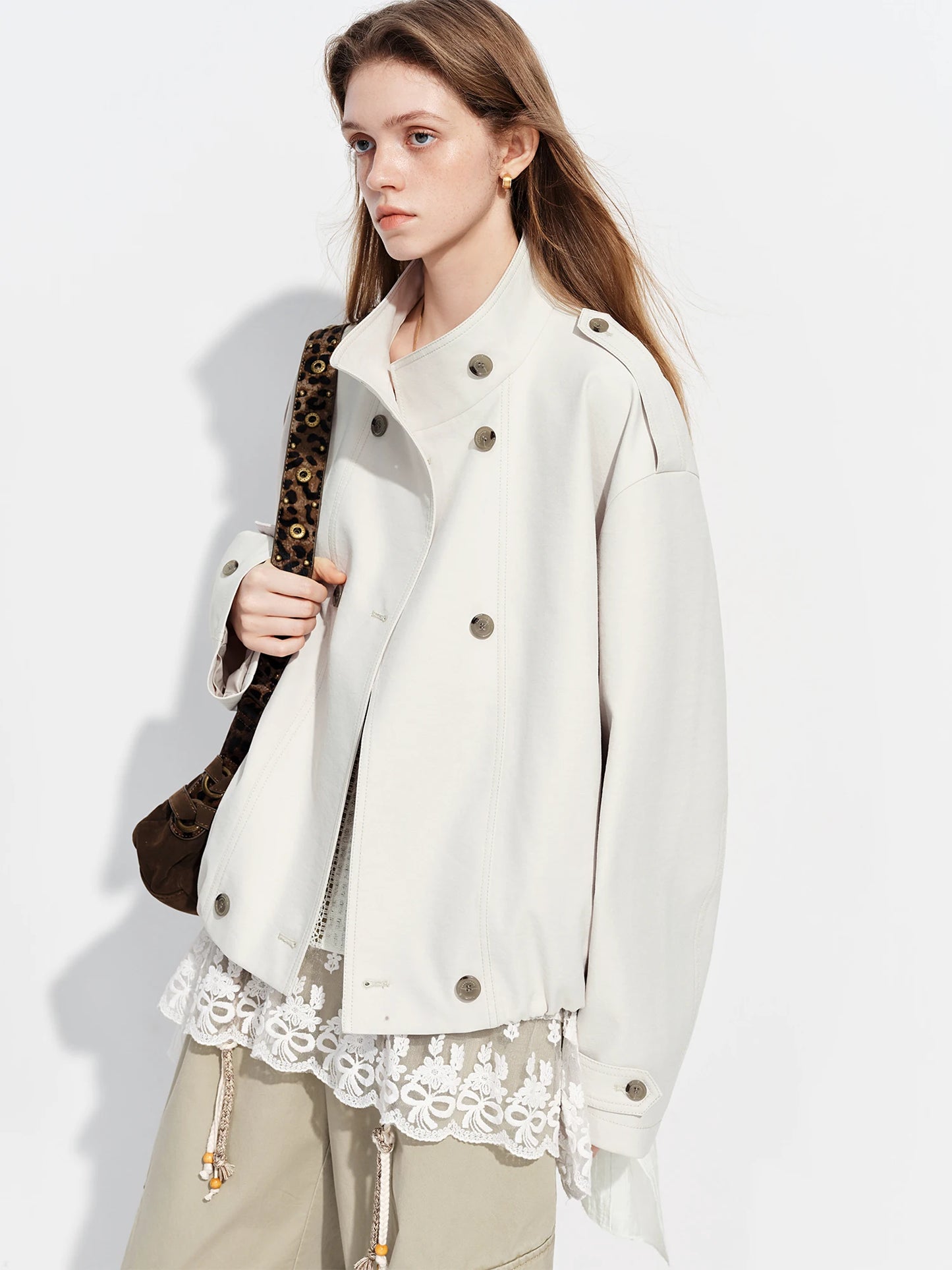 FSLE【Premium Series】Women's Oversize Short Trench Coat Brown Faux Leather Belted Jacket Grey Windbreaker Y2K Retro Outerwear