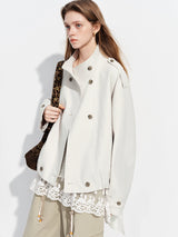 FSLE【Premium Series】Women's Oversize Short Trench Coat Brown Faux Leather Belted Jacket Grey Windbreaker Y2K Retro Outerwear
