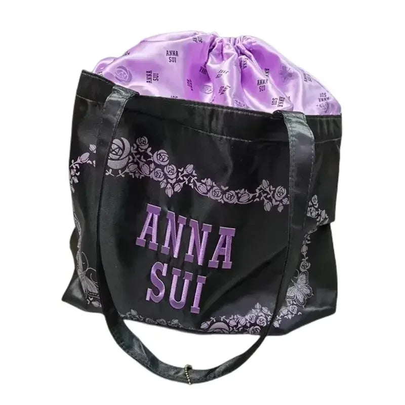 Purple Drawstring Handbags For Women Japan Brand Designer Shoulder Bag Large Capacity Embroidery Fashion Casual Shopper Tote Bag