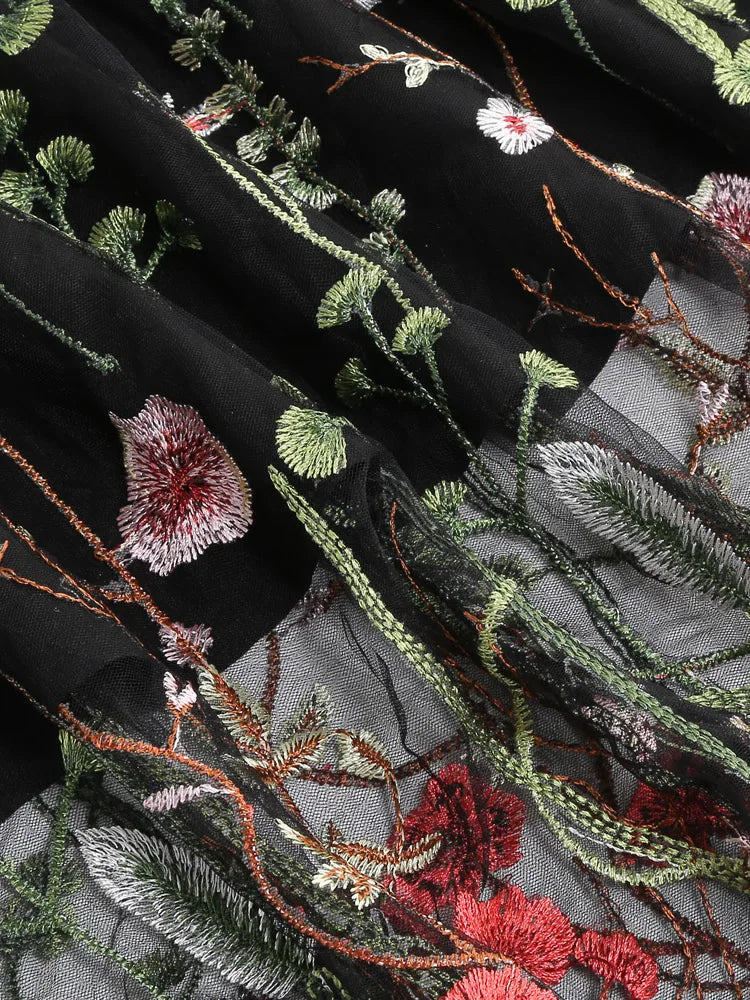 Tonval Floral Embroidered Mesh Midi Skirt – Elegant & Vintage