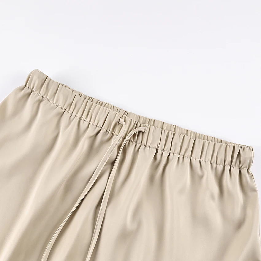 Linad Lace Satin Mini Skirt – Drawstring High Waist