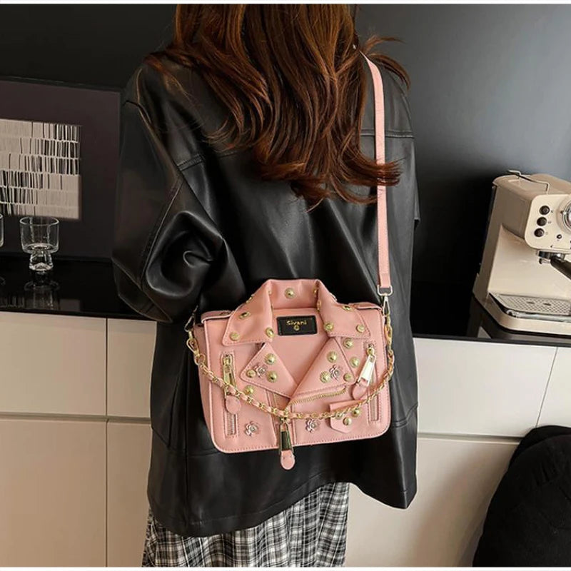 Jacket Collar Shaped Crossbody Shoulder Bag,Women Metal Flower Studded Handbag ,Niche Designer Streetwear Fashion Rivet Tote Bag