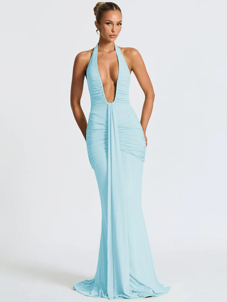 Elegant Deep V-Neck Halter Maxi Dress
