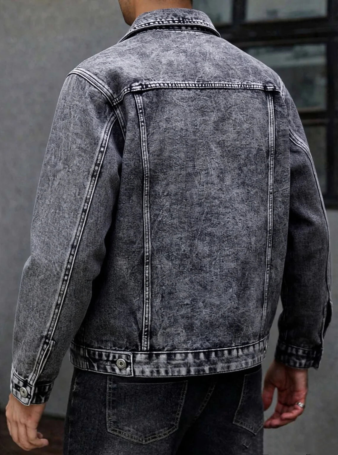 American style multi pocket denim jacket for men blue grey vintage washed loose fitting versatile trendy workwear jacket