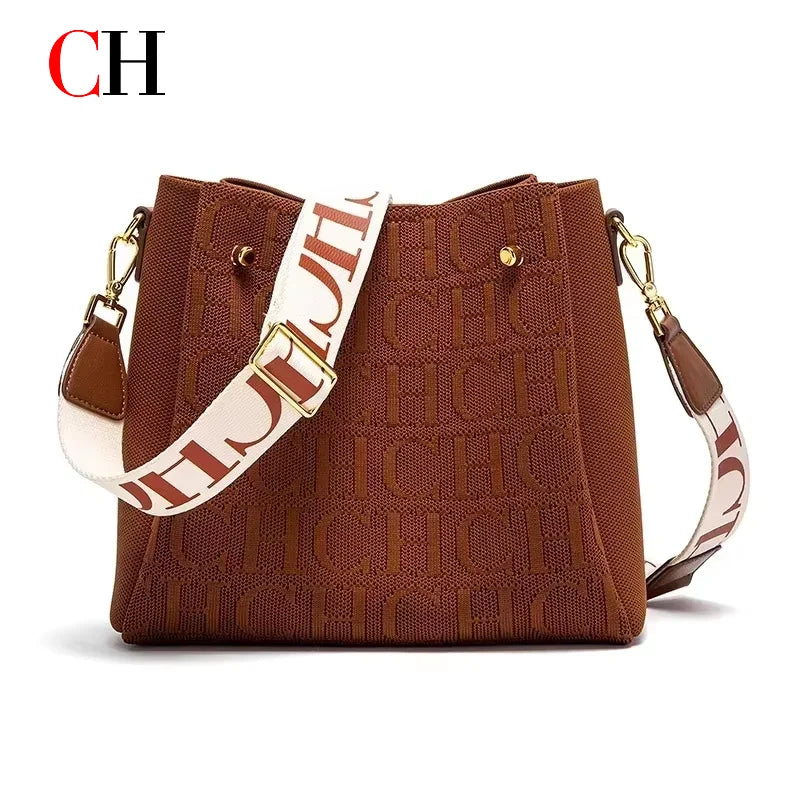 CH New Jacquard Letter Women Bucket Bag Wide Printed Strap Crossbody Purse Large Capacity Ladies Casual Daily Handbag Gift