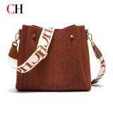 CH New Jacquard Letter Women Bucket Bag Wide Printed Strap Crossbody Purse Large Capacity Ladies Casual Daily Handbag Gift