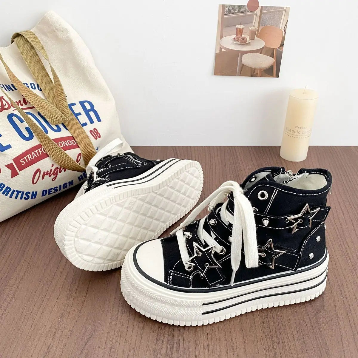 Women's High-Top Canvas Platform Sneakers — Rivet Buckle Lace-Up