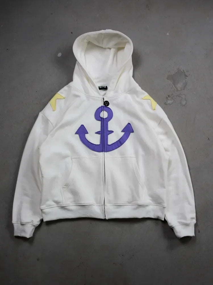 Women Shahzad Clothing Joestar Style Zip Hoodies Men JoJo Light Blue Star Tusk Print Oversized Embroidery Couple Sweatshirt Tops