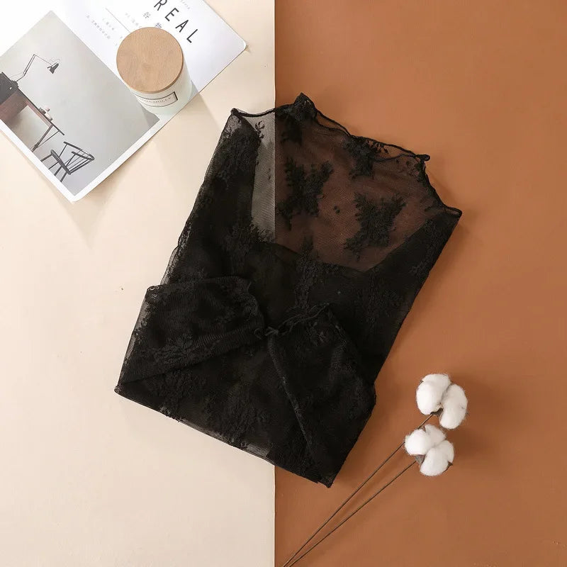 Women’s Floral Lace Mesh Mock Neck Long Sleeve Top