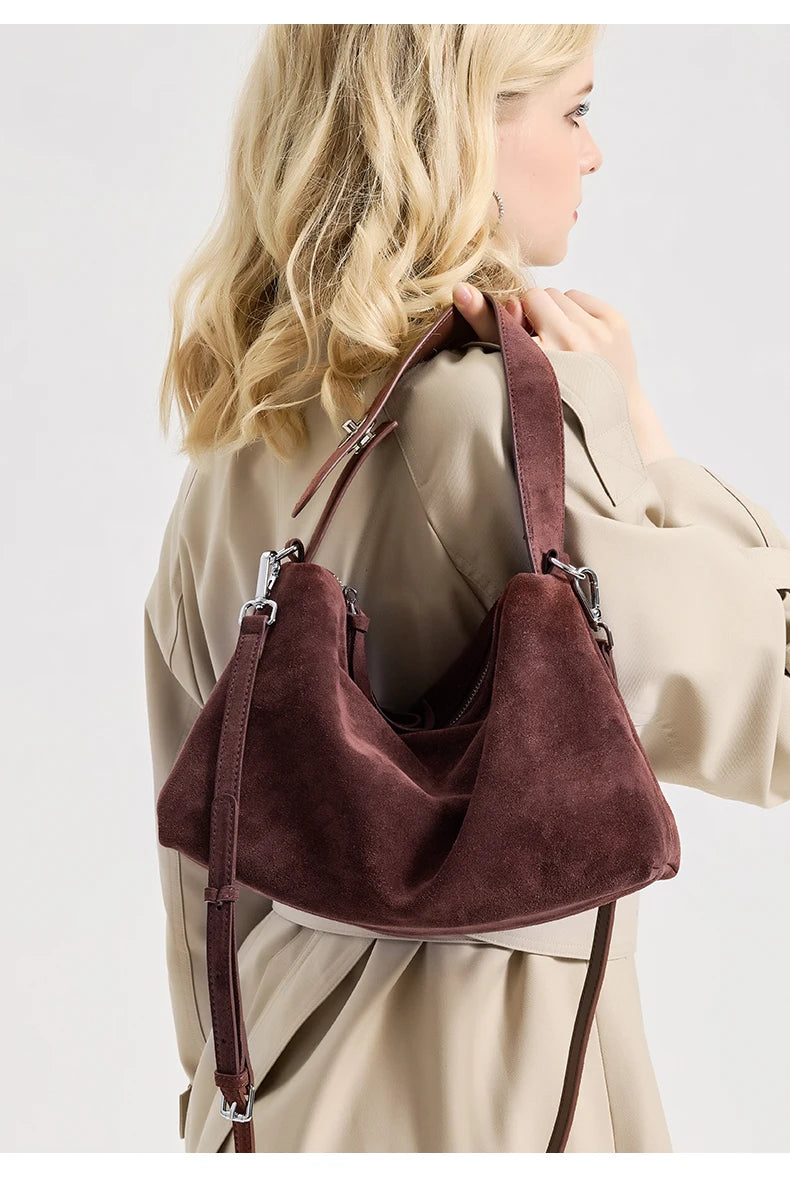 Russian Women's Genuine Suede Cowhide Leather Shoulder Bag Retro Frosted Cow Large Capacity Versatile Commuting Luxury Designer