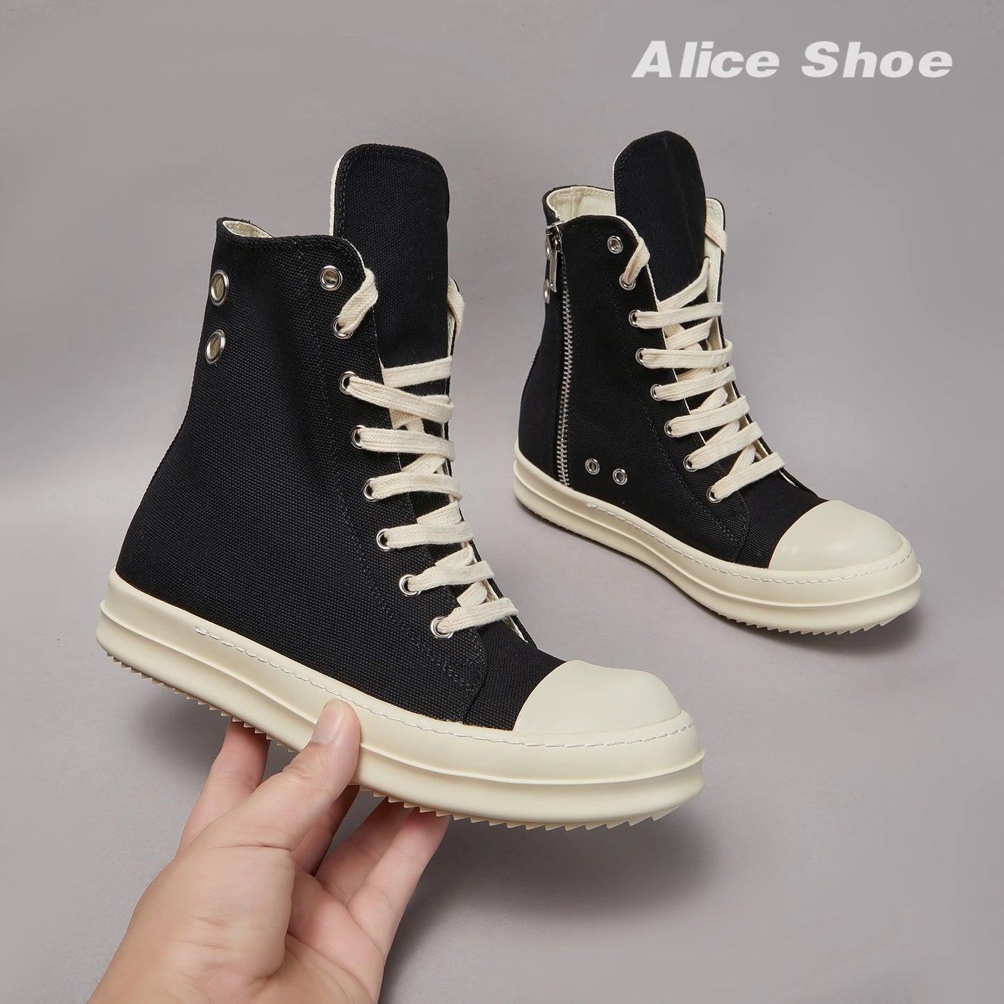 Brand Men Shoe Casual High Top Women Sneaker Quality Black Ankle Boot Designer Leather Zipper Metal Hole Luxury Laces Flat Shoe
