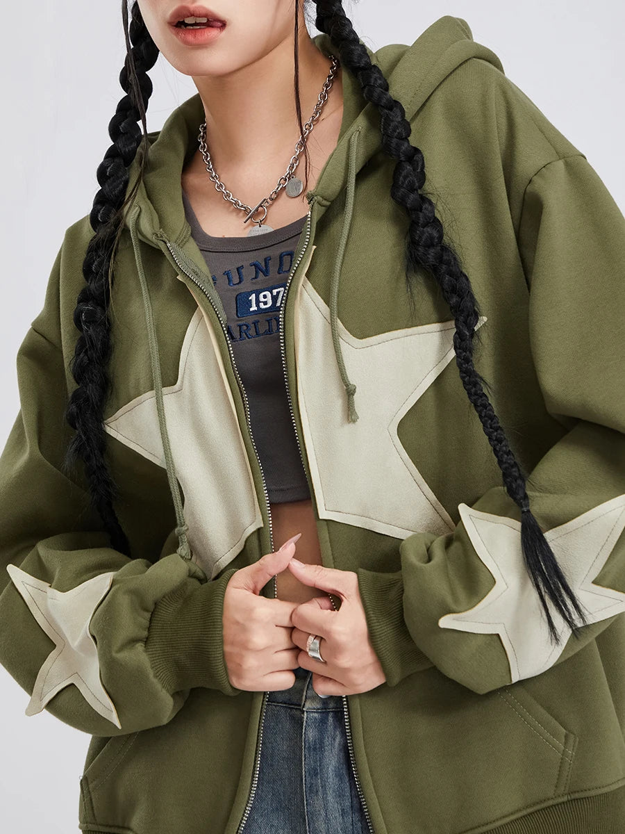 Women's Y2K Star Print Zip-Up Hoodie