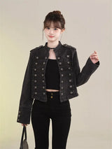 Women's American Retro Denim Military Inspired Cropped Jacket Long Sleeve Stand Collar Casual Y2k Motorcycle Coat