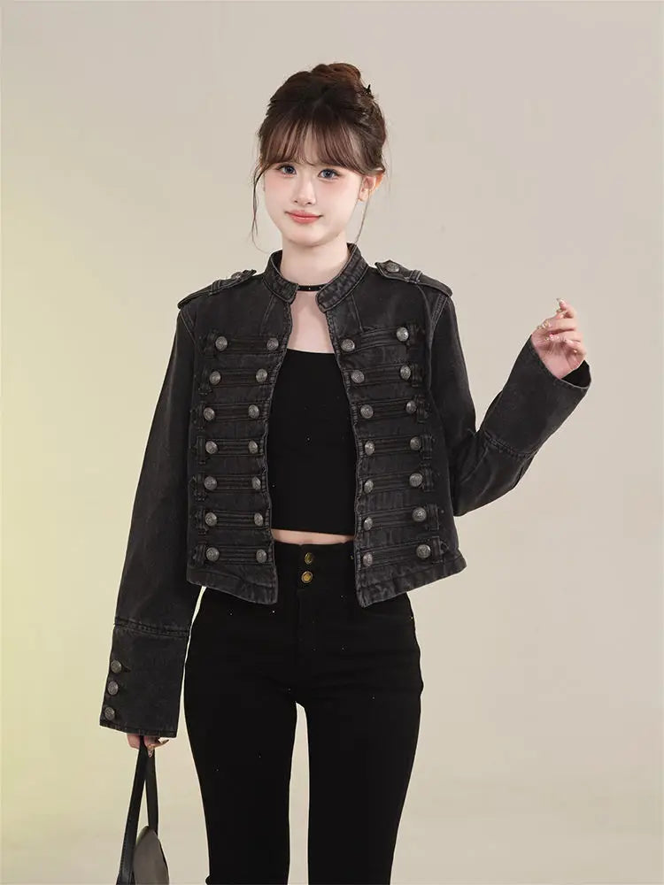 Women's American Retro Denim Military Inspired Cropped Jacket Long Sleeve Stand Collar Casual Y2k Motorcycle Coat