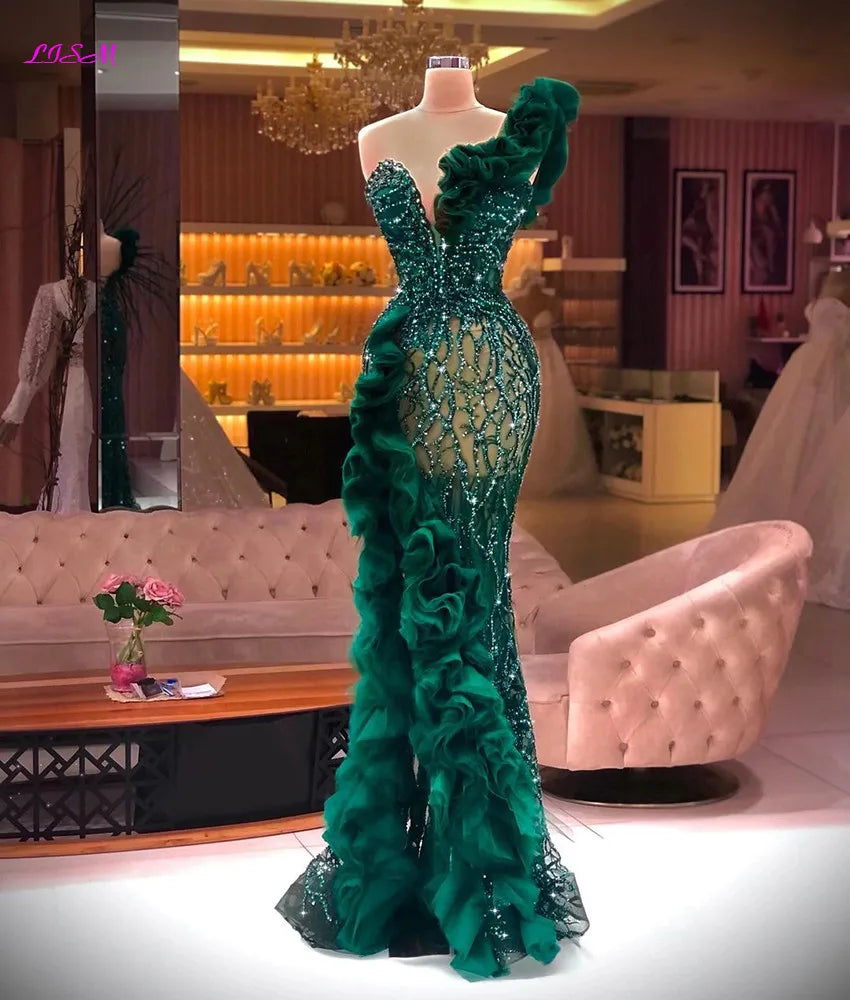 Luxury Beaded Mermaid Evening Gown with Glitter & Side Slit