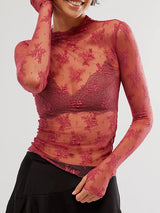 Women's Long Sleeve Mock Neck Lace Top