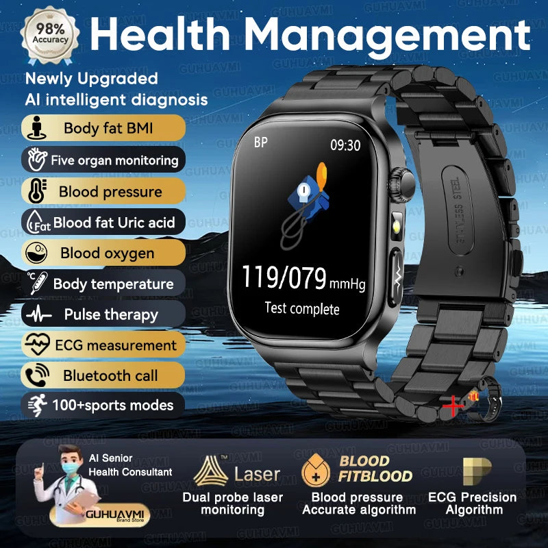 2026 New Accurate Measurement Health Smart Watch ECG+PPG Uric Acid Blood Pressure Blood Lipids BT Call Smartwatchs For Men Women