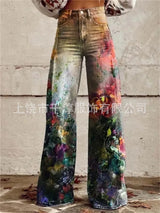 Women's 3D Print Wide-Leg "Jeans" – Trendy Low-Waist Flare Pants