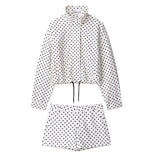 Fashion Polka Dot Shorts Sets For Women 2026 Spring Drawstring Bomber Jacket High Waist Shorts 2 Pieces Set Woman Outfits