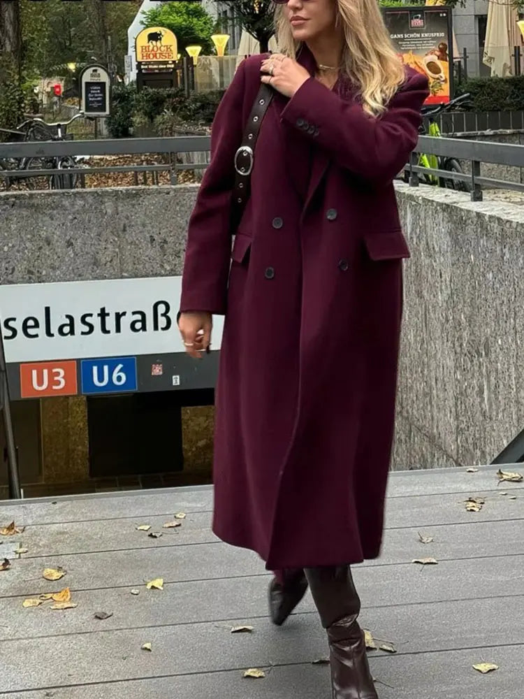Elegant Burgundy Double-Breasted Long Coat