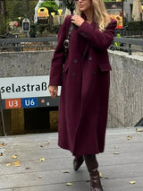 Elegant Burgundy Double-Breasted Long Coat
