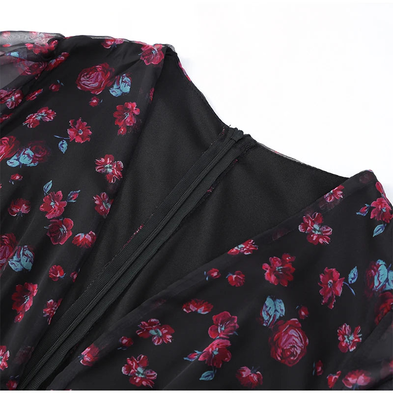 Women Red Floral Printed Mini Dress V-neck Short Sleeved Puff Sleeve Waist Trim Ruffle Slit Hem Dresses 2026 Summer Party Gown