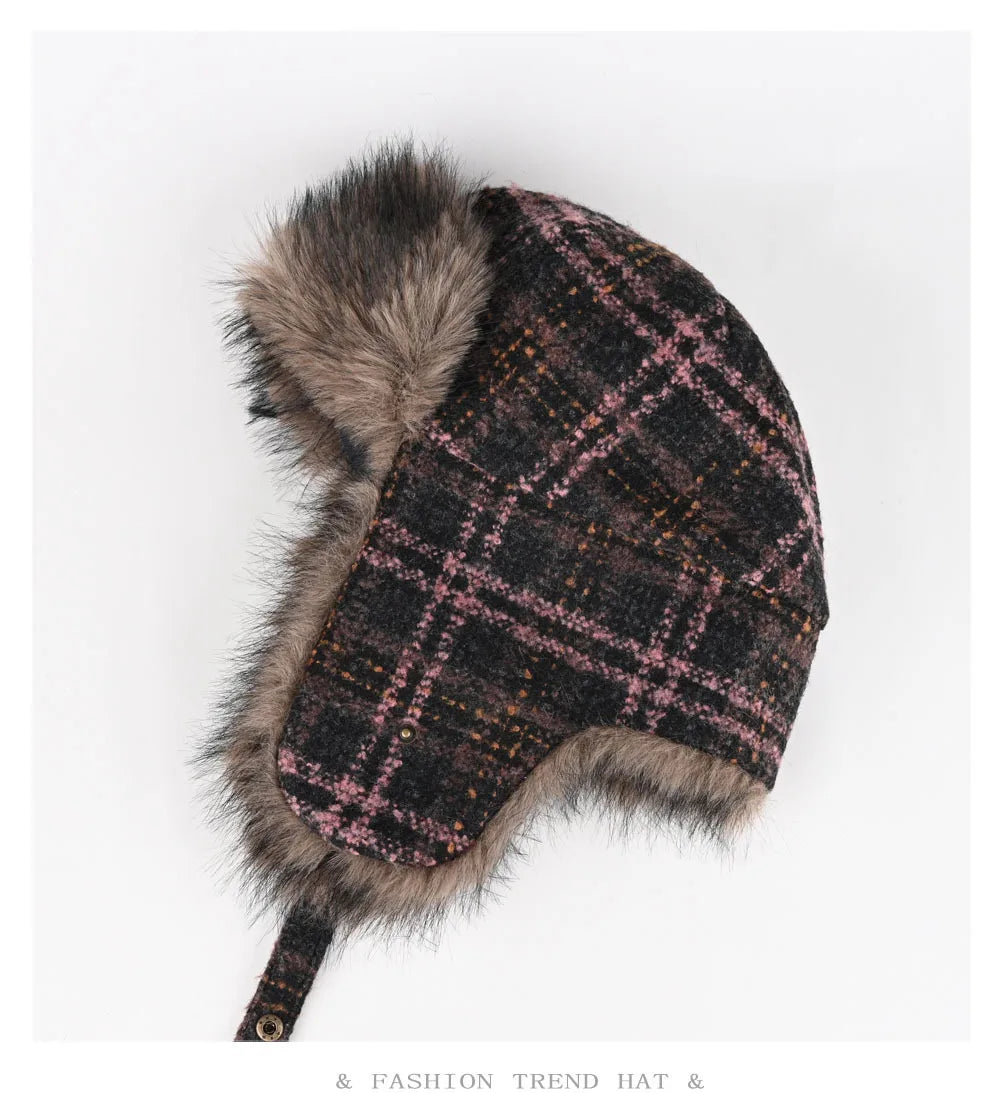 fashion Plaid tweed Bomber hat women ski cap winter hat faux fur pilot hat thickened warm ear protection hat versatile털모