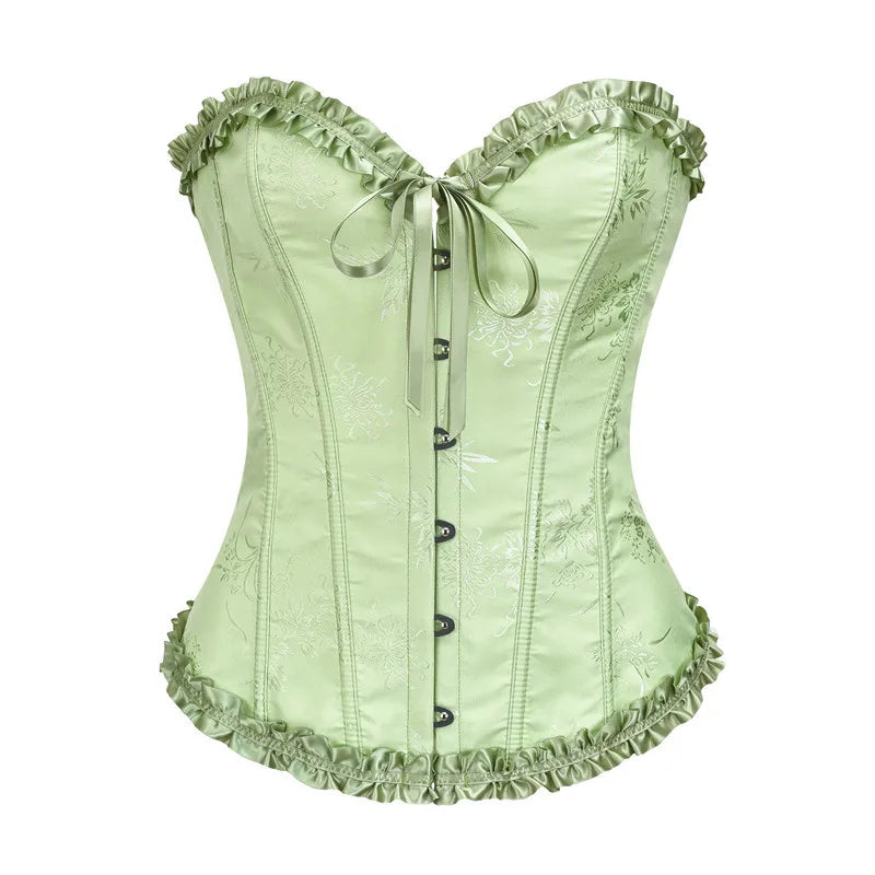 USA-Made Jacquard Ruffled Overbust Corset – Gothic Victorian Push-Up Bustier
