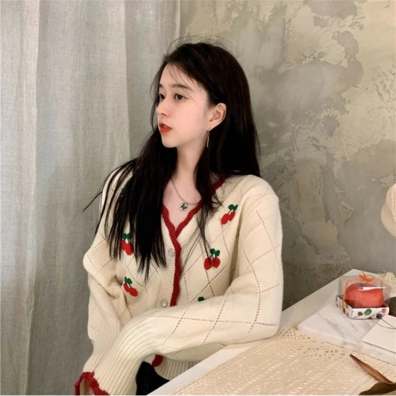 Floral V-Neck Button-Up Knit Cardigan for Women