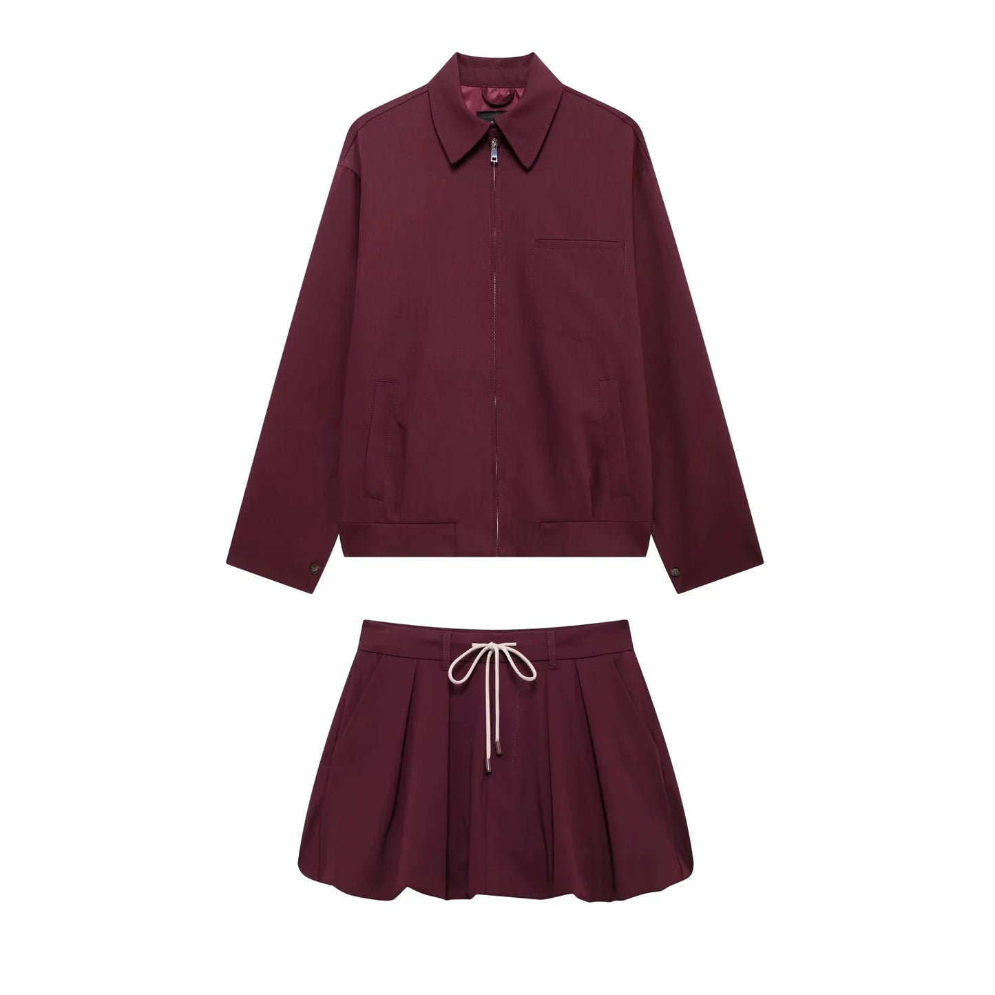 Casual Women 2 Pieces Sets Waist Lace Up Lantern Edition Mini Skirt Sets Solid Pocket Decorative Jacket Top Women's Set