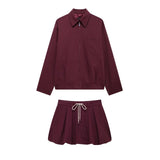 Casual Women 2 Pieces Sets Waist Lace Up Lantern Edition Mini Skirt Sets Solid Pocket Decorative Jacket Top Women's Set