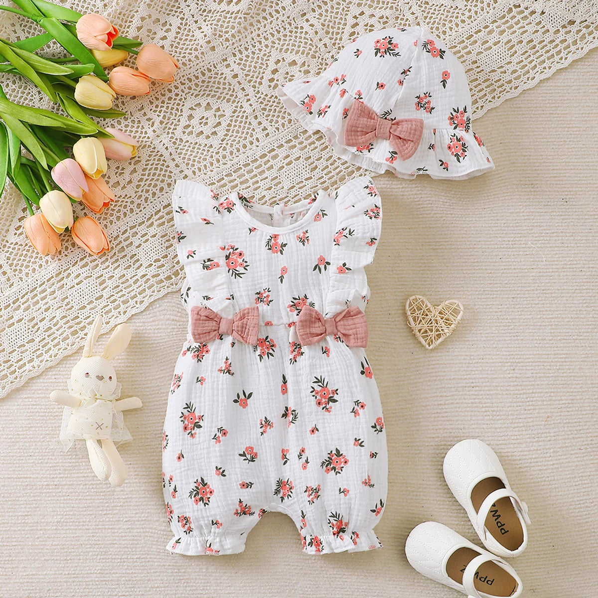 0-18 Months Baby Girl Clothes Set 2Pcs Daisy Print Romper Ruffle Bow Jumpsuit + Hat Summer Infant Newborn Casual Clothing Outfit