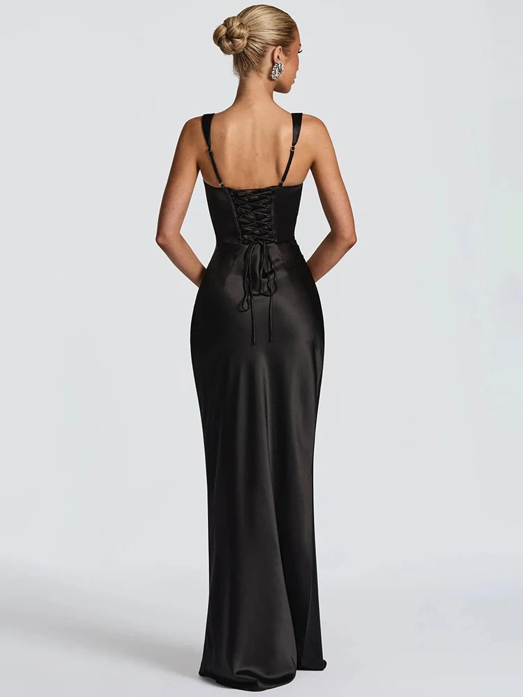 Elegant Backless Satin Maxi Dress – Sleeveless Halter Bodycon Party Gown