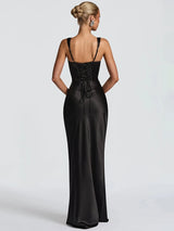 Elegant Backless Satin Maxi Dress – Sleeveless Halter Bodycon Party Gown