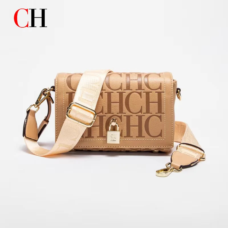 CH Crossbody Bag For Women Luxury Monogram Leather Handbag Fashion Wide Strap Shoulder Bag Elegant Lock Flap Bag For Daily Use