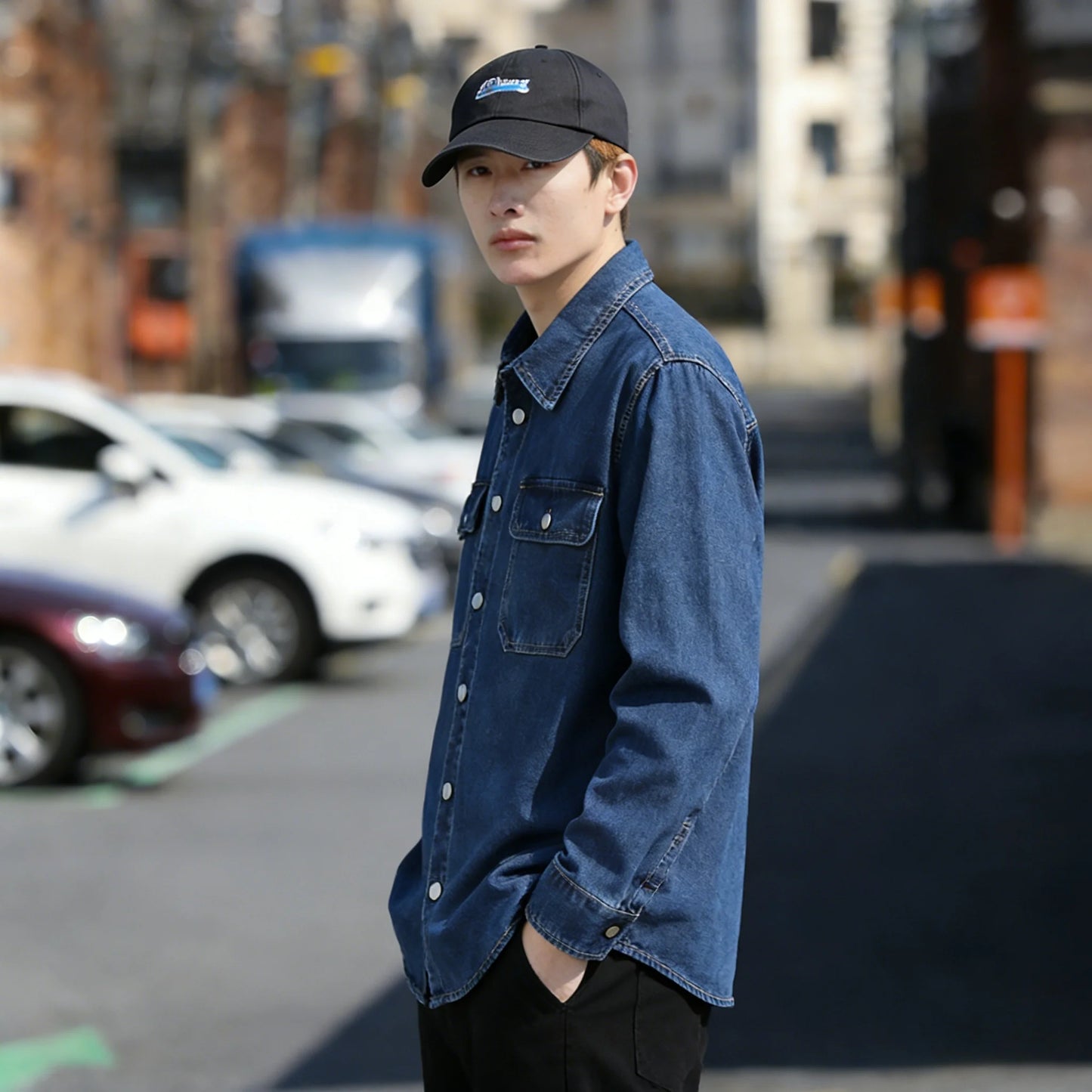 Retro Japanese Style Long Sleeve Denim Jacket Washed out Casual Workwear Versatile Spring Autumn Denim Shirt