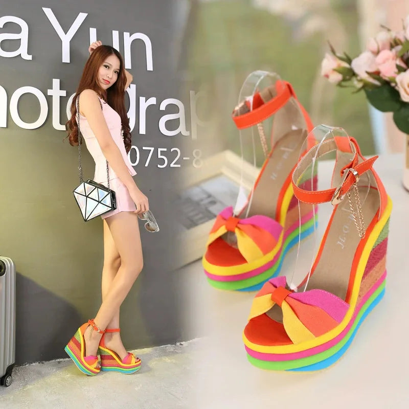 Women's Wide-Size Wedge Platform Sandals — Colorful Buckle Strap Gladiator