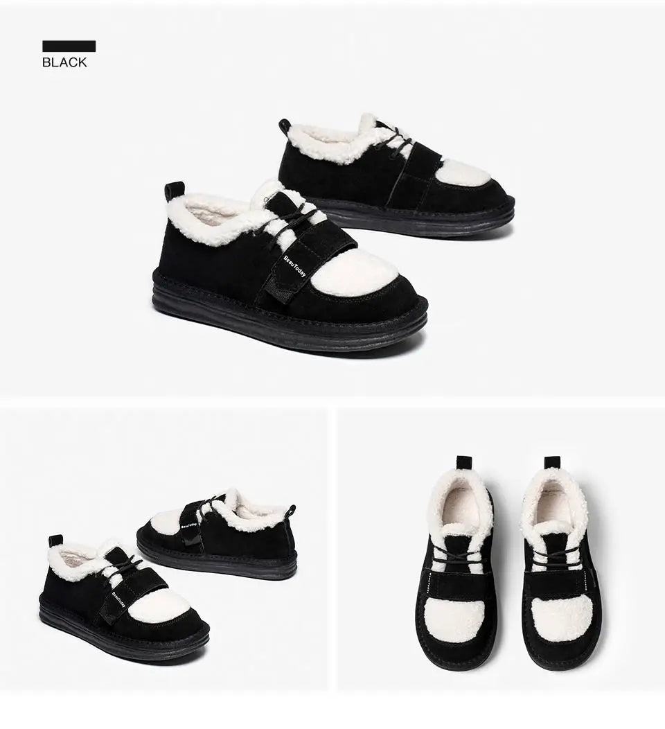BeauToday Furry Flats Women | Cow Suede Warm Shoes