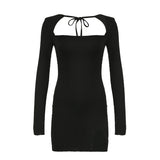 Autumn Black Square-Neck Backless Mini Dress - Long Sleeve Slim Fit Streetwear