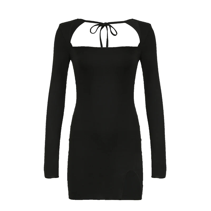 Autumn Black Square-Neck Backless Mini Dress - Long Sleeve Slim Fit Streetwear