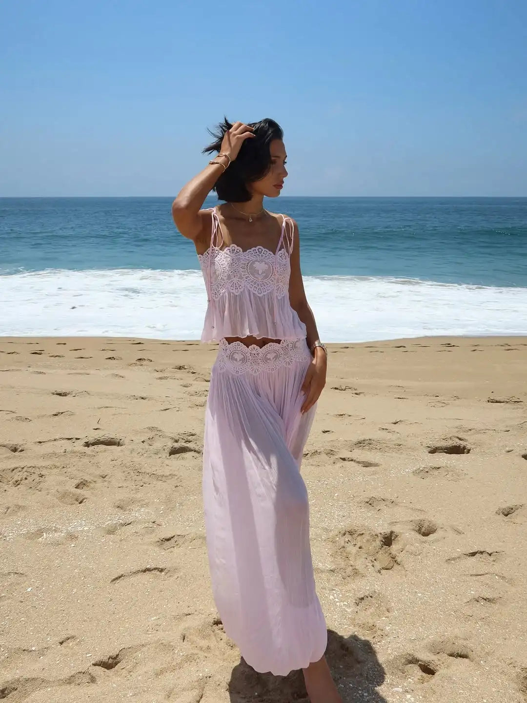 Women Floral Lace Sheer Layers Skirt Set Suspenders Ruffle Top High Waist Maxi Skirts 2026 Summer Beach Vacation Female Outfits