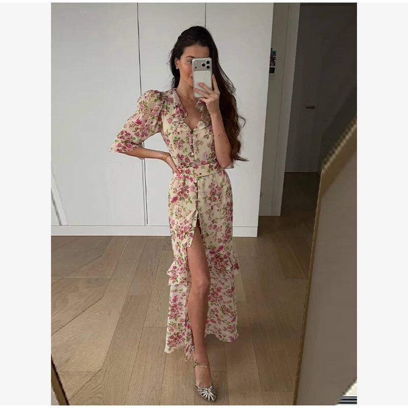 Elegant Floral Printed Woman Summer Dress V-neck Puff Sleeve Split Maxi Dresses For Women Fashion 2026 Women's Casual Gown New