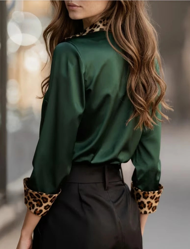 Women's Long-Sleeve Leopard Trim Loose-Fit Button-Down Blouse