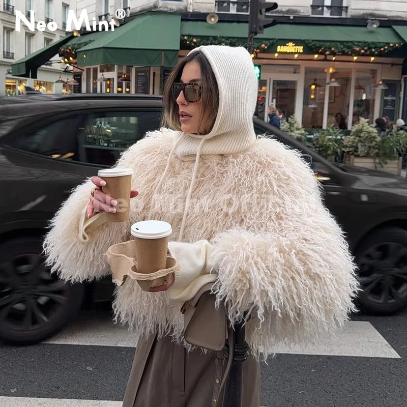 Chic Faux Mongolia Sheep Fur Cropped Jacket