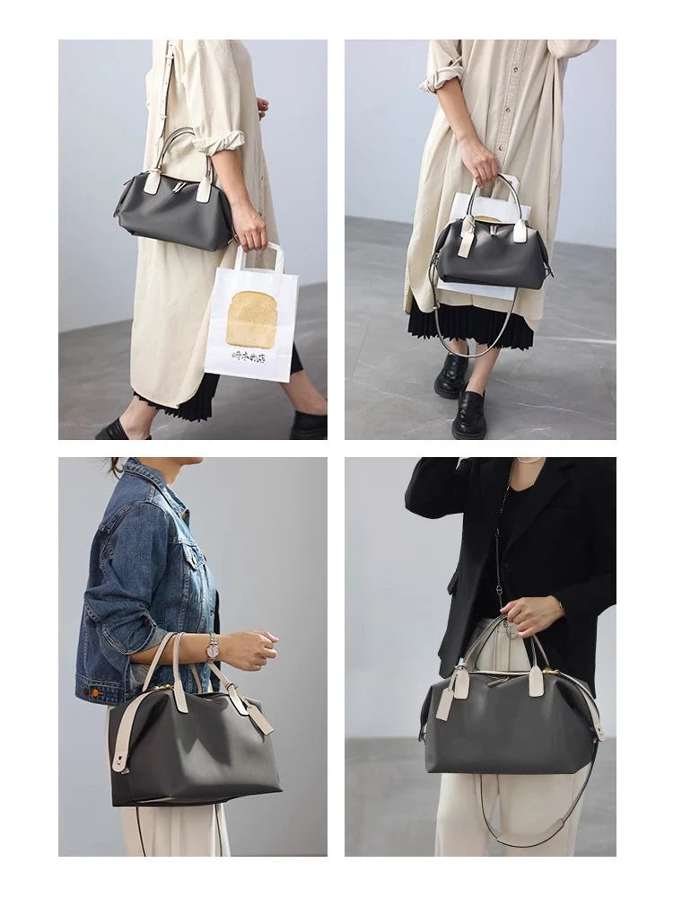 Women's Nylon With Genuine Leather Zipper Tote Lightweight Soft Travling Bags Versatile Style Handbag Different Colors And Size
