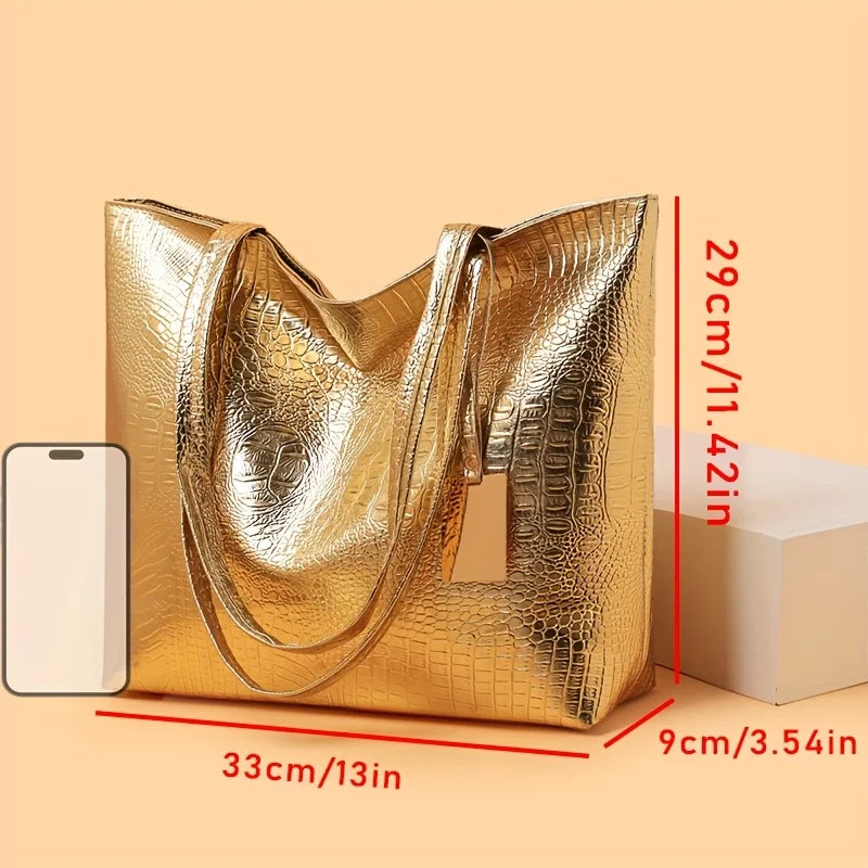 Women's Metallic PU Leather Tote Bag with Zipper